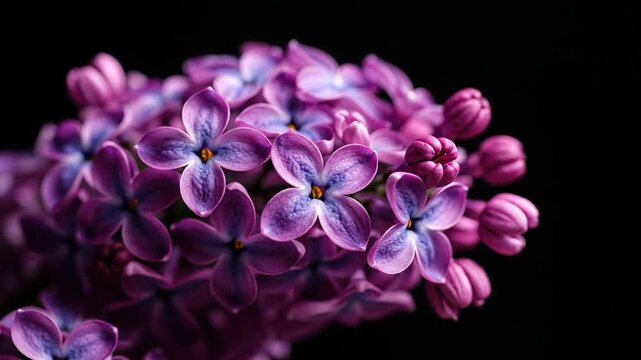 Stunning Syringa vulgaris blossom captured in a mesmerizing close up shot. Exquisite display of a purple lilac cluster unfolding against a contrasting black backdrop