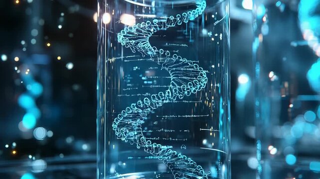 Dna double helix displaying genetic data in futuristic science lab - Powered by Adobe