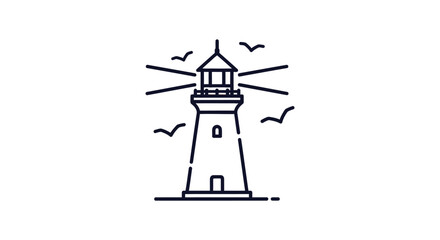 A simple line drawing of a lighthouse with birds flying around it on a white background.