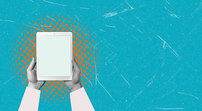 Hands holding a blank tablet against a vibrant blue and orange backdrop conveying digital communication intent