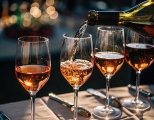 Pouring Sparkling Rosé Wine Into Glasses at Sunset Gathering