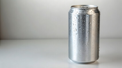 Cold Aluminum Drink Can Covered in Water Droplets on White Surface Keywords: aluminum can, drink can, beverage can, soda can, energy drink, cold