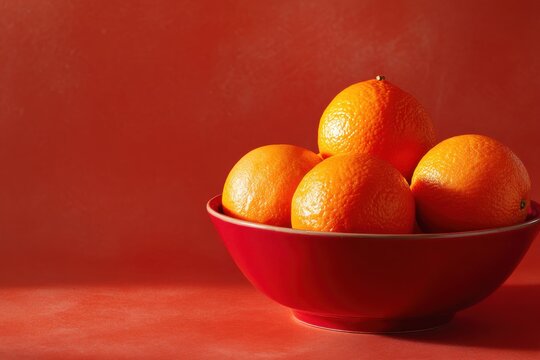 Bright red bowl filled with fresh oranges on vibrant red background, showcasing glossy fruit under soft light, creating a modern and appetizing scene for food enthusiasts and culinary artists