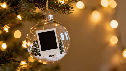 Clear glass Christmas ornament mockup with tiny polaroid frame and miniature snowy scene inside