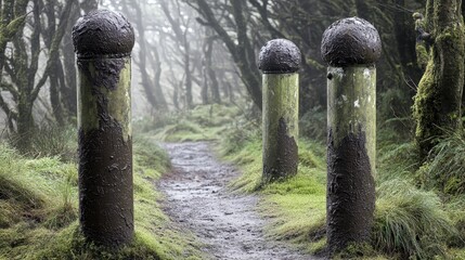 Old mud caked patrol markers on a foggy forest path