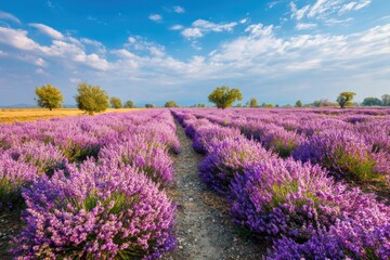 Obraz premium Serene lavender field landscape with vibrant green pathways and a tranquil sky, evoking calmness and beauty in nature photography for relaxation and wellness enthusiasts