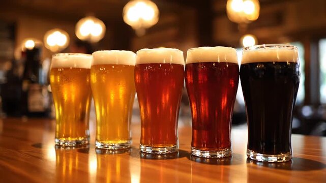 Assortment of craft beers ranging from light to dark stout presented in glasses on a rustic wooden bar. Enjoy a variety of fresh beverages for sampling