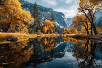 Tranquil autumn landscape with vibrant yellow and orange trees reflected in calm river water, majestic mountains and rocks in background, clear sky with light clouds, serene atmosphere