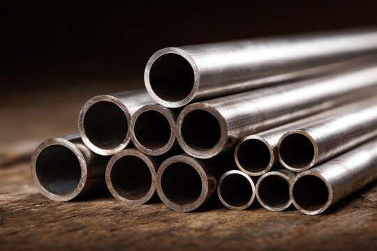 Metallic pipes stacked on wooden surface showcasing varying diameters, with shiny texture, warm industrial ambiance, and dramatic lighting emphasizing curves and details