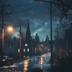 realistic city street at dusk with a church glowing softly under streetlights