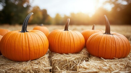 Pumpkins on hay bales outdoors in autumn sunlight