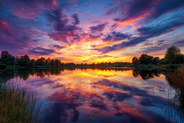 Fototapeta premium Serene sunset over tranquil lake reflecting vibrant orange, pink, and blue hues, flanked by lush greenery and gentle grasses, inviting nature's harmony and peaceful ambiance