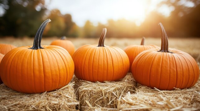 Pumpkins on hay bales outdoors in autumn sunlight