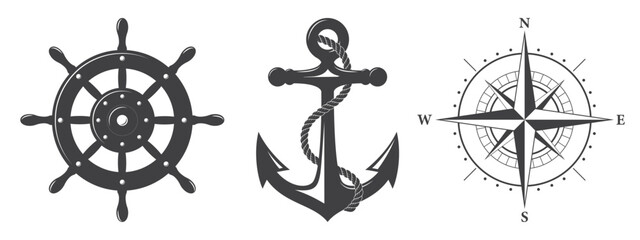 Steering wheel, wind rose and anchor. Ship's wheel or helm.  Nautical wind rose. Vintage maritime symbols. © sanchesnet1