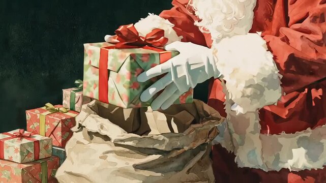 Santa hands holding present gift box Christmas Package Present Shopping Festive Generous Kind Winter Joy Watercolor Illustration