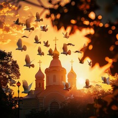 realistic silhouette of a church at sunset, flock of white doves flying in the sky