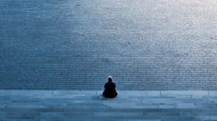 Lonely woman sits with her back to the viewer on wide stone steps in front of a high brick-patterned wall creating a sense of isolation minimalism meditation and urban tranquility
