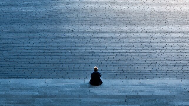 Lonely woman sits with her back to the viewer on wide stone steps in front of a high brick-patterned wall creating a sense of isolation minimalism meditation and urban tranquility