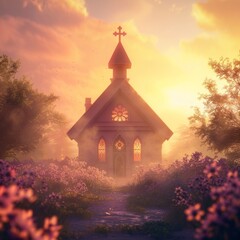 realistic church building at sunrise, soft golden light illuminating the cross on top