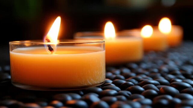 Four lit candles in glass holders on black stones, dark backdrop