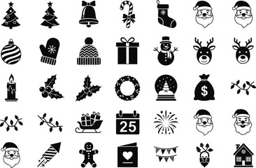Black Christmas icons collection with Santa, gifts, snowman, reindeer, tree, bell, holiday decorations, festive elements for winter celebration design