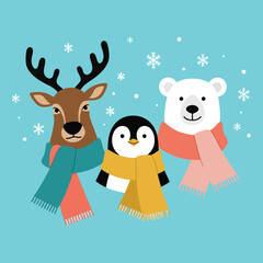 Obraz premium Cute cartoon reindeer penguin and polar bear wearing scarves