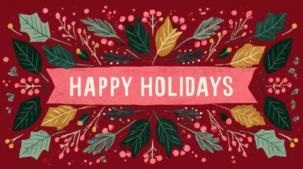 Festive hand drawn holiday greeting card with happy holidays text surrounded by botanical elements and berries on a red background
