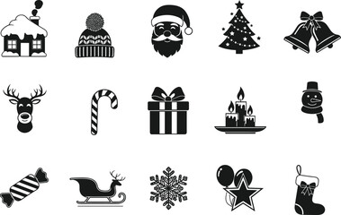 Christmas icons set, black and white holiday silhouettes, festive vector clipart pack, cozy house, beanie, Santa face, tree, bells