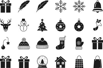 Christmas icons collection with gifts, snowflakes, reindeer, snowman, bell, tree, ornaments, hats, mittens, and stockings for holiday designs