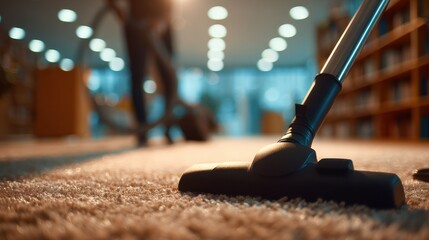 Vacuum cleaner head on carpet in a clean office environment with natural light and blurred background showing a person cleaning