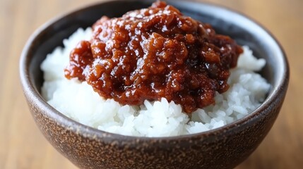 Spicy Curry Dish Served Over White Rice in a Rustic Bowl
