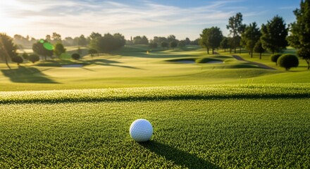 A white golf ball sits on perfectly manicured green grass with a sprawling golf course stretching into the distance. Morning sunlight creates a warm glow across the fairway and greens.