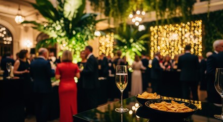 Elegant party scene with champagne and appetizers in foreground. Guests mingle in formal attire beneath sparkling lights and greenery. Perfect for event planning or celebration themes.