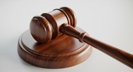 Wooden gavel resting on sound block against white background. Perfect for legal services, court proceedings, justice system, law firm websites, and legal documentation materials.