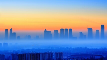 A misty sunrise envelops a cityscape in soft hues, revealing a serene urban setting while highlighting the charm and vibrancy of life in the city as day breaks peacefully.