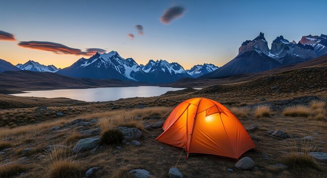 A bright orange tent glows warmly at dusk near a mountain lake. Snow-capped peaks rise in the background under a colorful sunset sky. Perfect for camping, adventure, and outdoor travel themes.