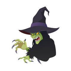 Black wicked witch in a pointed hat with a menacing expression and clawed hand gesture. Vector illustration isolated on transparent background