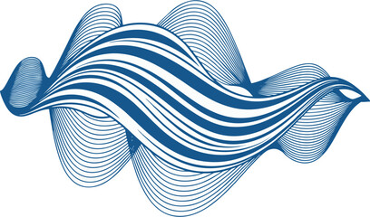 Abstract blue lines create a flowing, wave-like pattern on a white background.