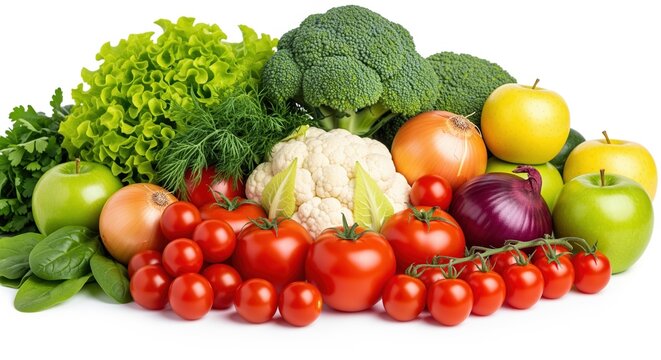 Fresh vegetables and fruits arranged together on white background. Includes broccoli, tomatoes, apples, onions, cauliflower, lettuce, and herbs. Great for healthy eating and nutrition topics. - Powered by Adobe
