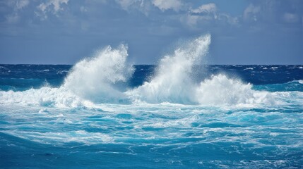 Fototapeta premium Ocean waves crashing with foamy spray and bright blue sky