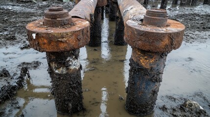 Rusting bridge supports standing in murky water