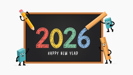 Happy New Year 2026 education banner  a playful cartoon design with 2026 on a blackboard, a graduation cap, and school supplies for the Class of 2026 © Mete-X