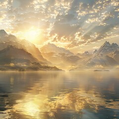 realistic serene landscape at sunrise, soft golden light over mountains and still waters