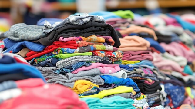 Piles of donated clothing neatly folded for distribution