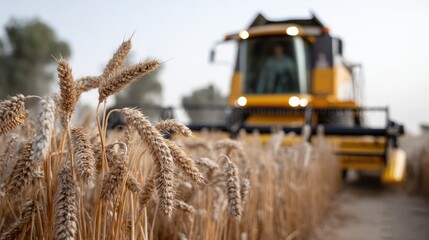 Fototapeta premium A harvesting machine collects wheat from a field while golden crops sway gently in the breeze