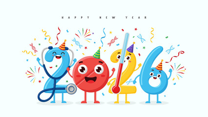 Fototapeta premium Happy New Year 2026 medical and healthcare banner; a playful cartoon design with 2026 as a stethoscope, pill, and syringe celebrating a healthy new year.