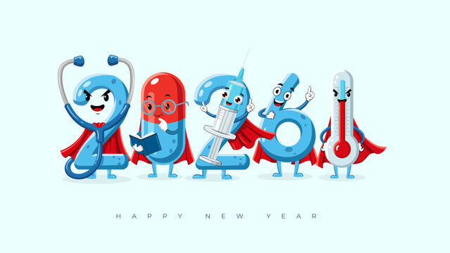 Cute Happy New Year 2026 medical banner; a playful cartoon design with 2026 as a medical superhero team of "healthcare heroes" for a hospital or clinic. - Powered by Adobe