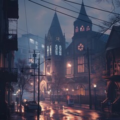 realistic city street at dusk with a church glowing softly under streetlights