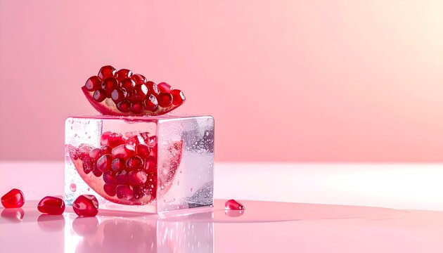 Transparent ice cube containing a piece of pomegranate with visible red seeds frozen inside