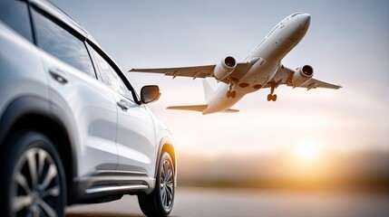 Fototapeta premium An airplane approaches for landing while a car drives on the highway below on a bright, sunny day